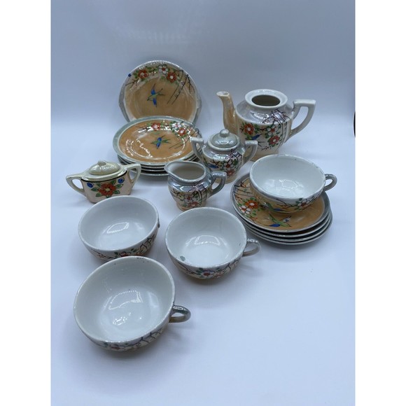 Japanese Teapot Tea Set Lusterware 18-pc Floral Hand-painted Children set AS IS - Picture 2 of 10